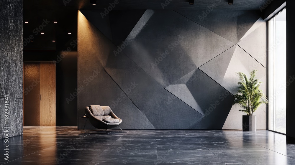 Poster a sleek, modern interior with geometric patterns of dark concrete panels overlapping, embodying mini
