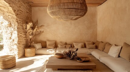 Mediterranean villa living room, sunlit lounge, earthy tones, rattan lamp, tranquil setting, interior design