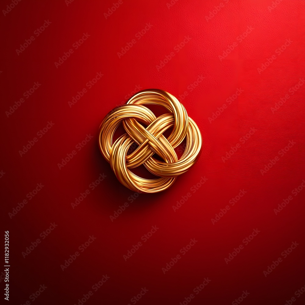 Poster elegant golden metallic knot or spiral pattern on a vibrant red background creating a luxurious soph