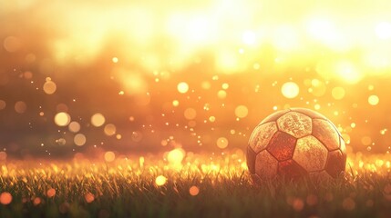 Fototapeta premium A soccer ball with a vintage design in a glowing field, illuminated by soft sunlight and a bokeh background, evoking memories of classic play.