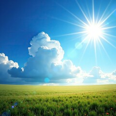 Obraz premium White clouds gather in the distance against a brilliant blue canvas illuminated by a shining sun's rays, horizon, serene landscape