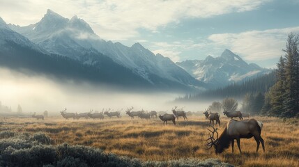 A herd of mountain elk grazing on a high-altitude meadow, with misty peaks surrounding them