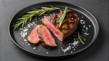 Top view of a black plate with a perfectly cooked steak garnished with rosemary and sea salt.