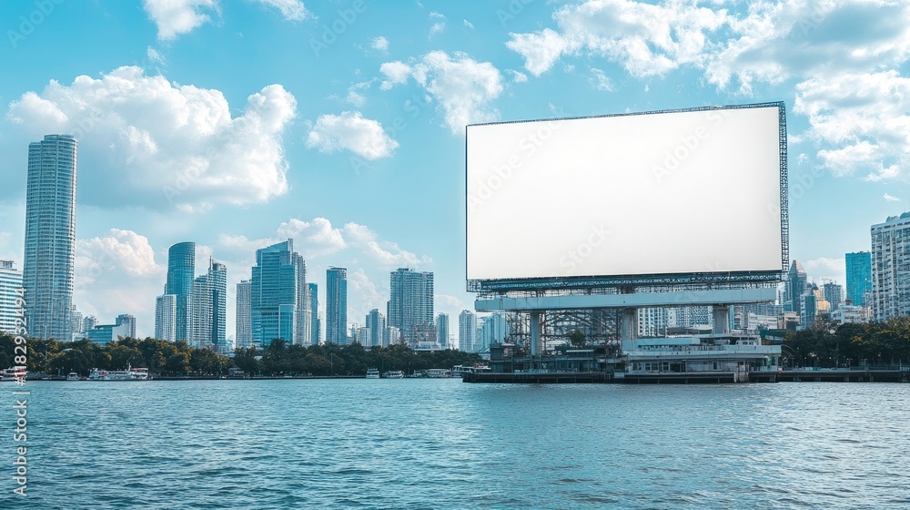 Poster a striking view of an urban skyline with a large blank billboard over the waterfront, offering a ble