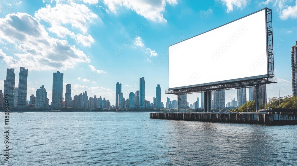 Aufkleber a striking view of an urban skyline with a large blank billboard over the waterfront, offering a ble