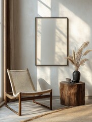 Minimalist Chair and Rustic Side Table in Serene Living Room Interior Design with Natural Light
