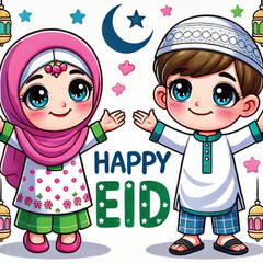 Muslim cartoon little girl and boy saying happy eid