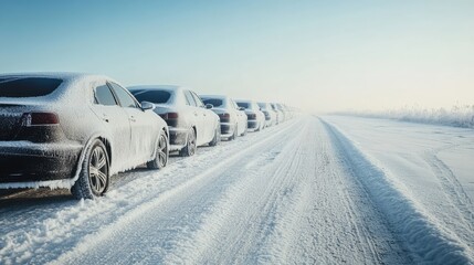 A striking scene of frozen cars lined up on a snowy road, the ice sparkling under the clear blue sky, emphasizing the harsh winter cold.