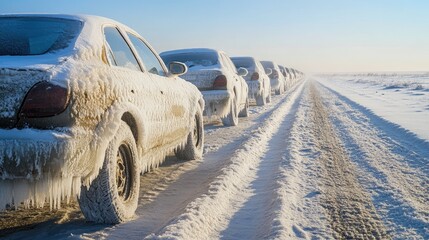 A striking scene of frozen cars lined up on a snowy road, the ice sparkling under the clear blue sky, emphasizing the harsh winter cold.