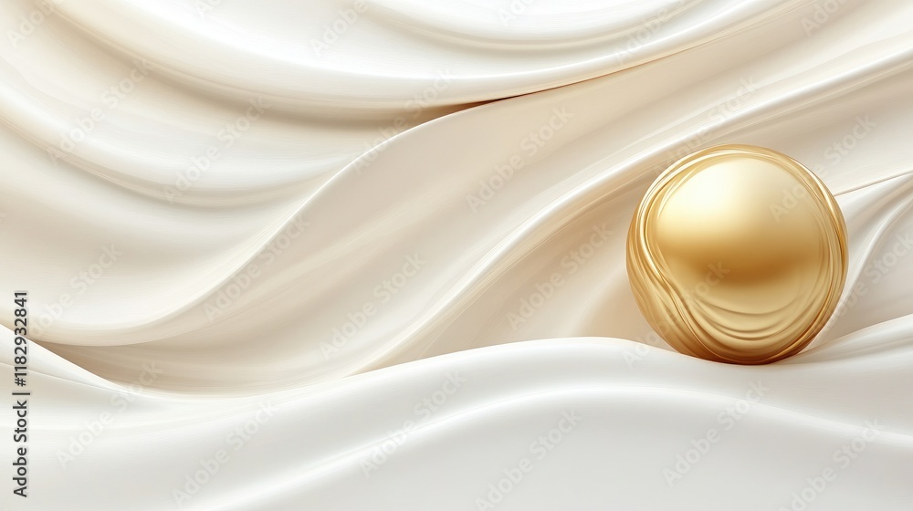 Poster a stunning golden sphere set against a smooth wavy white background, creating a refined and artistic