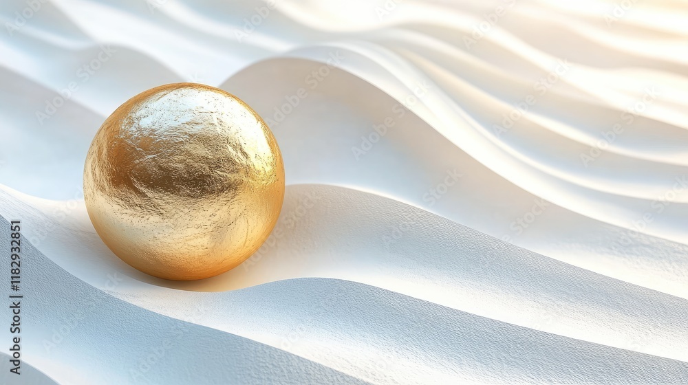 Poster a stunning golden sphere set against a smooth wavy white background, creating a refined and artistic