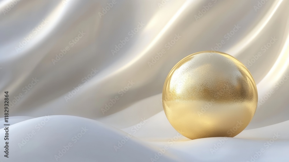 Poster a stunning golden sphere set against a smooth wavy white background, creating a refined and artistic
