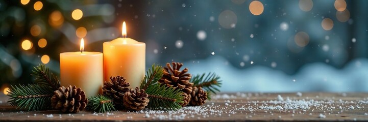 Candles and pinecones on a rustic wooden table with a winter wonderland background, Snowflakes,