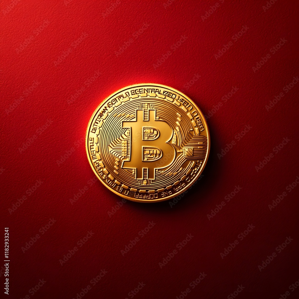 Poster shiny golden bitcoin cryptocurrency coin on a red background symbolizing the digital finance and inv