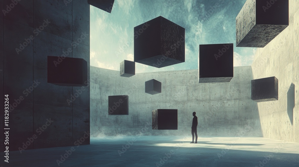 Aufkleber A surreal image of floating geometric blocks around an abstract concrete structure, with a silhouette of a figure standing in the foreground