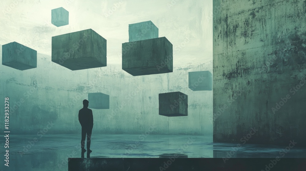 Aufkleber A surreal image of floating geometric blocks around an abstract concrete structure, with a silhouette of a figure standing in the foreground