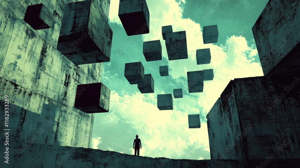 Poster A surreal image of floating geometric blocks around an abstract concrete structure, with a silhouette of a figure standing in the foreground