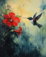 A hummingbird hovering near a bright red flower, its wings a blur of motion