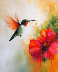 A hummingbird hovering near a bright red flower, its wings a blur of motion