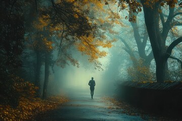 Fototapeta premium Autumn Pathway Jogger in Misty Forest Ambience Training for Endurance and Fitness