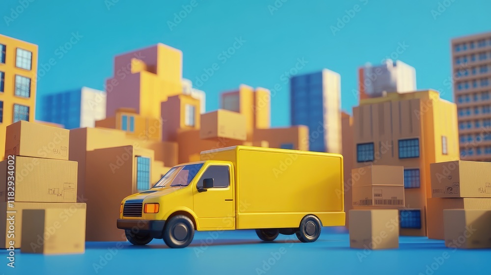 Aufkleber A vibrant scene with yellow delivery vans and cardboard boxes, emphasizing the dynamic nature of shipping and logistics against a blue backdrop.