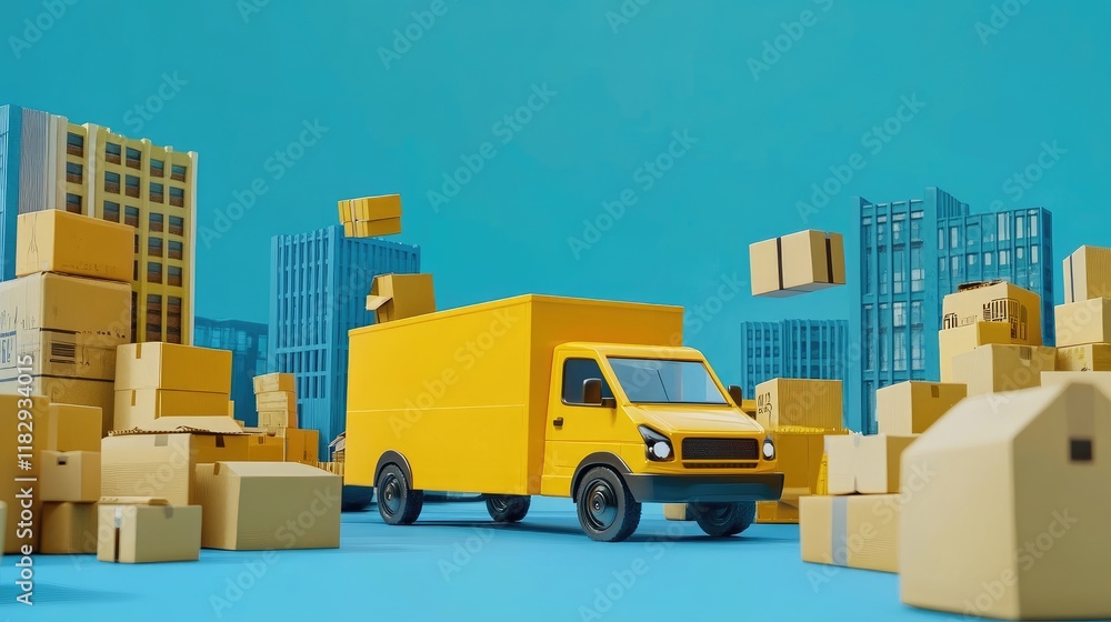 Poster A vibrant scene with yellow delivery vans and cardboard boxes, emphasizing the dynamic nature of shipping and logistics against a blue backdrop.