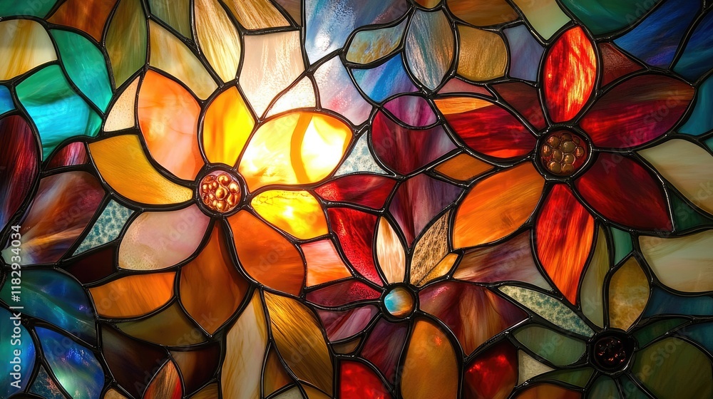 Aufkleber a vibrant stained glass artwork, blending intricate floral and geometric patterns, creating a beauti