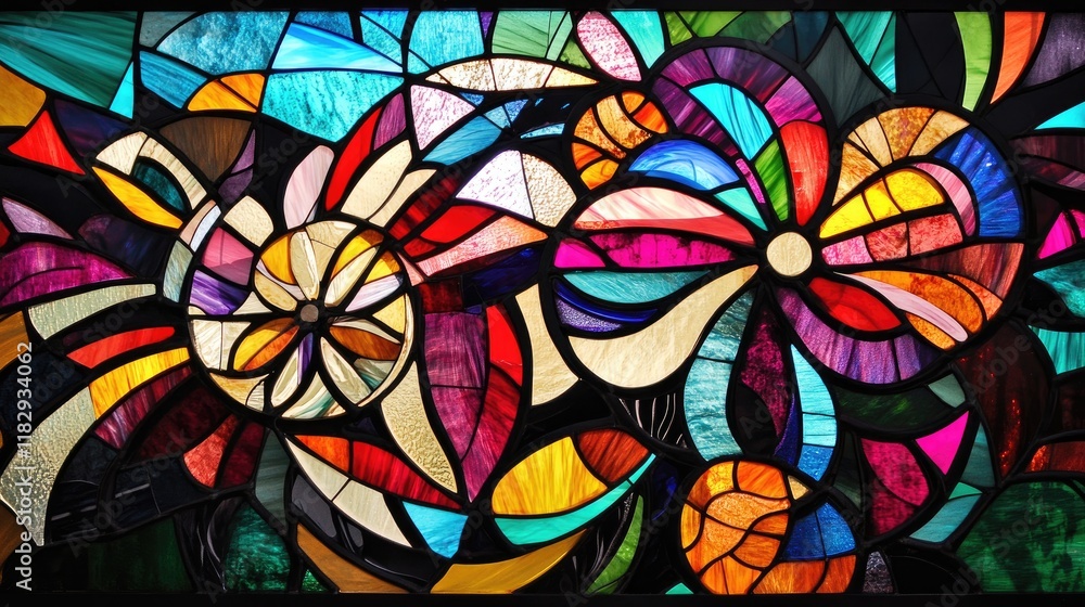 Poster a vibrant stained glass artwork, blending intricate floral and geometric patterns, creating a beauti
