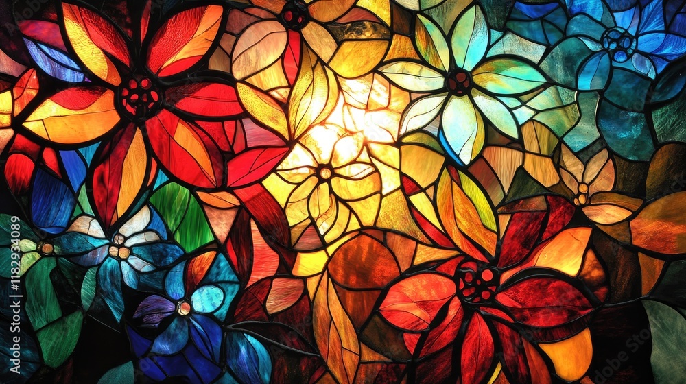 Poster a vibrant stained glass artwork, blending intricate floral and geometric patterns, creating a beauti