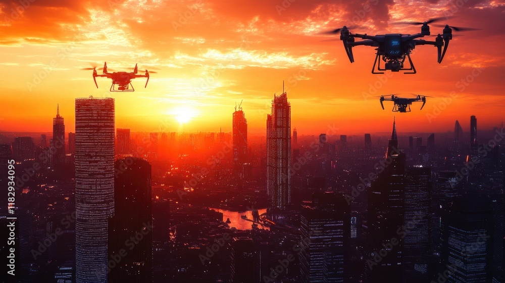 Poster a vibrant sunset scene in a futuristic city, with drones hovering above the sleek buildings, creatin