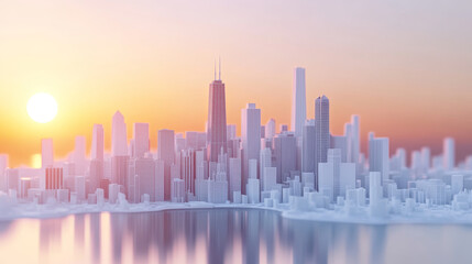 Obraz premium Stylized Chicago skyline at sunset, showcasing white buildings and reflections