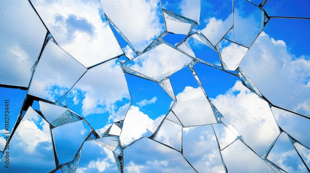 Poster abstract composition of cracked mirror fragments arranged on a white surface, reflecting the expansi