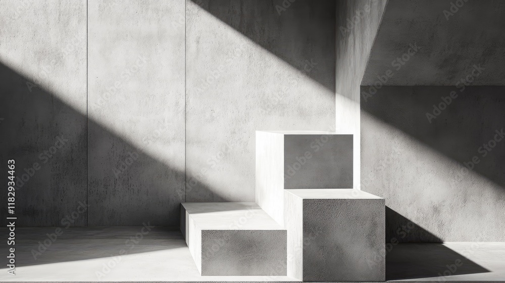 Poster abstract geometric arrangement of minimalist concrete cubes casting intriguing shadows on a neutral 
