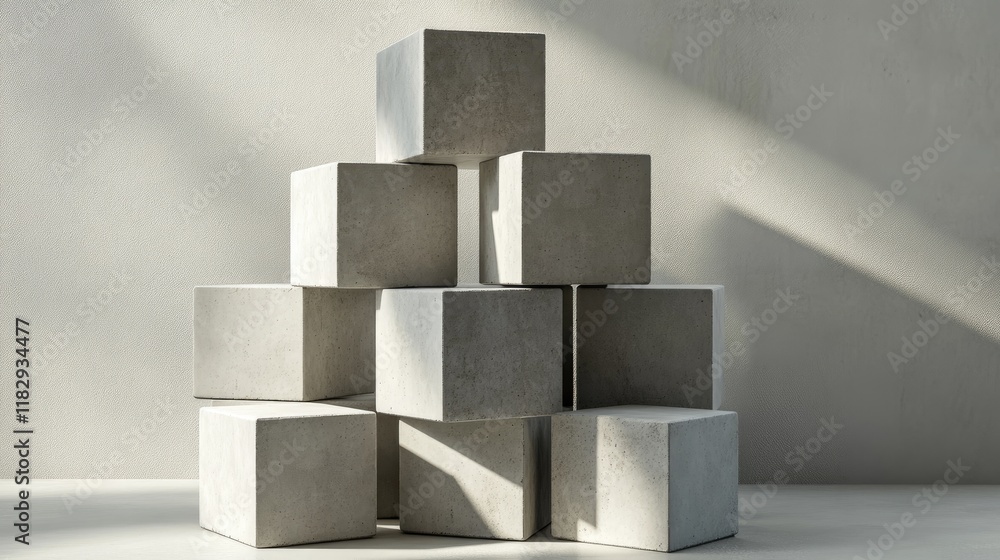 Poster Abstract geometric arrangement of minimalist concrete cubes casting intriguing shadows on a neutral surface, highlighting form and texture.