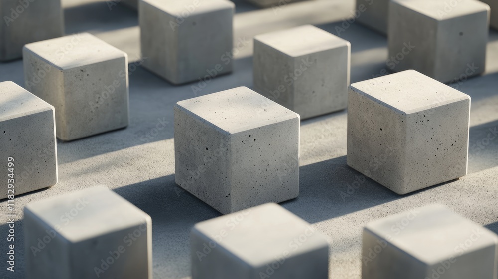 Poster abstract geometric arrangement of minimalist concrete cubes casting intriguing shadows on a neutral 