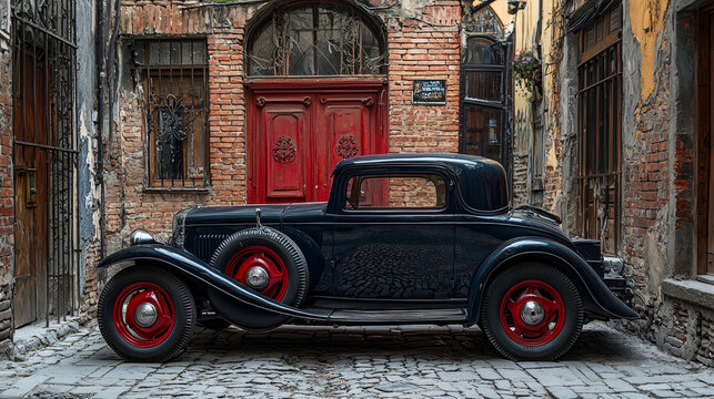 vintage style photograph of classic car parked on cobblestone street