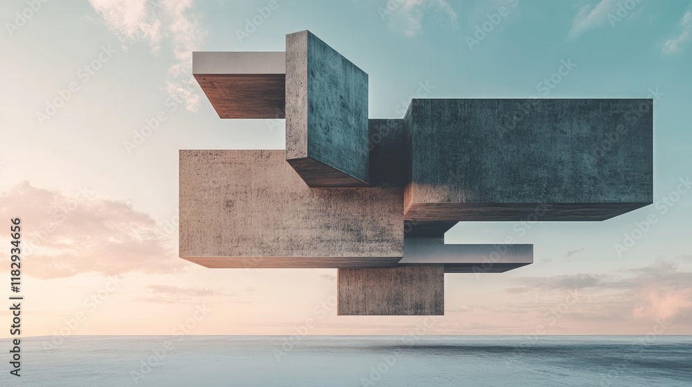 Poster An abstract concrete structure with floating geometric blocks suspended in space, accompanied by a silhouette for an intriguing modern art composition.
