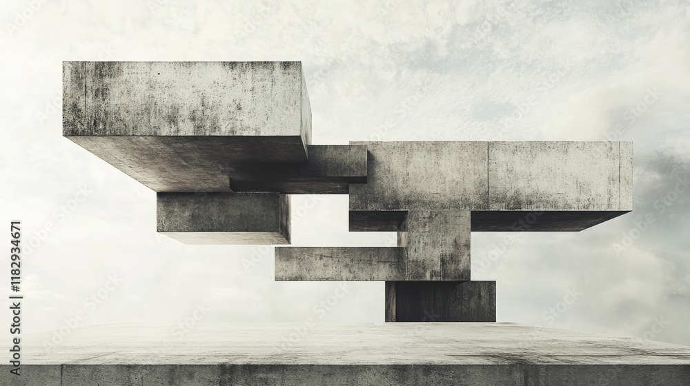 Poster An abstract concrete structure with floating geometric blocks suspended in space, accompanied by a silhouette for an intriguing modern art composition.