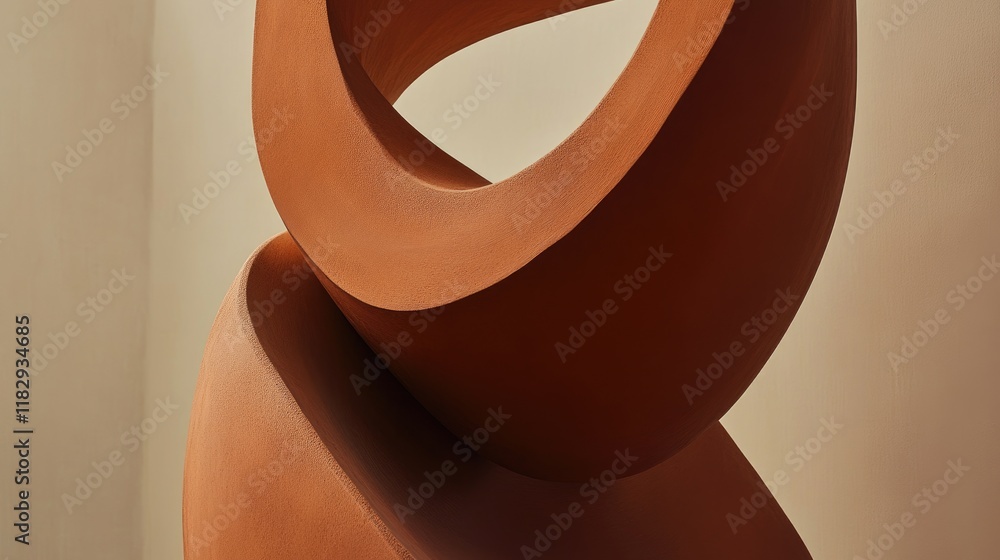 Poster an abstract rust-toned sculpture with graceful curves, set against a neutral background, highlightin