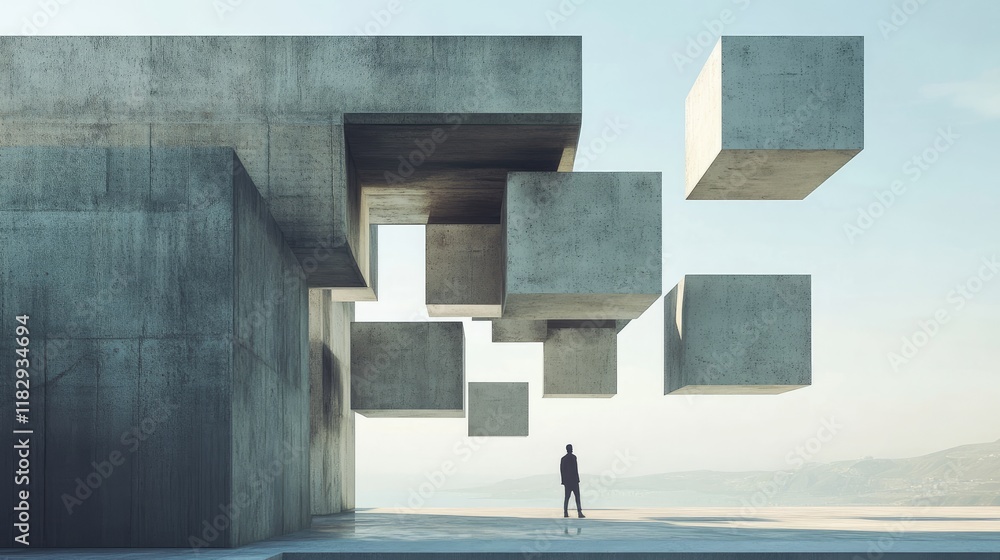 Aufkleber an abstract concrete structure with floating geometric blocks suspended in space, accompanied by a s