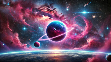 “A mesmerizing outer space scene showcasing a vibrant nebula in shades of pink, blue, and purple, surrounded by sparkling stars. A massive planet with rings dominates the foreground, while smaller cel