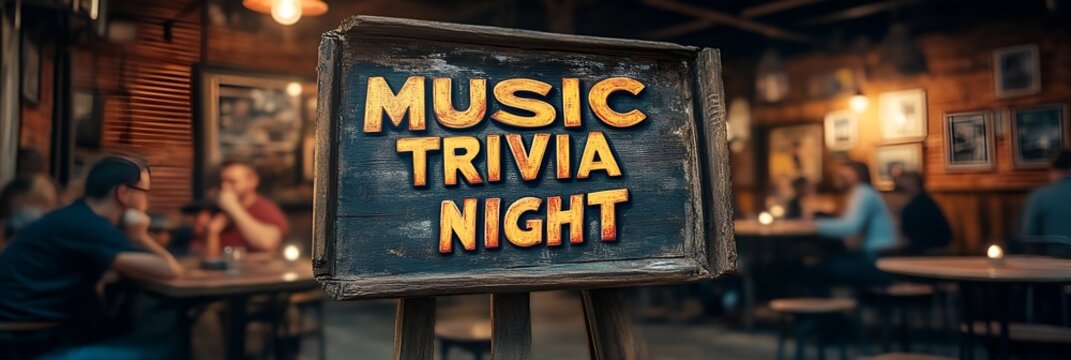 A sign that reads &ldquo;MUSIC TRIVIA NIGHT&rdquo; - PUB - BAR - QUIZ - CONTEST - THEME NIGHT