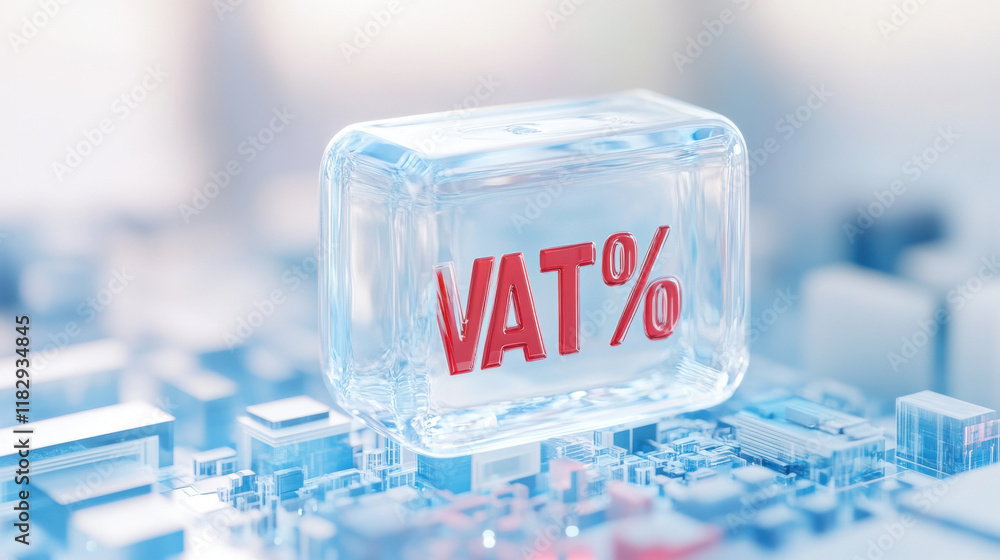 Poster transparent ice like block with vat% symbol floating above modern background
