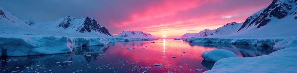 Frosty glaciers stretch towards the crimson horizon as sunlight fades slowly, frozen lakes, frozen tundra, polar night