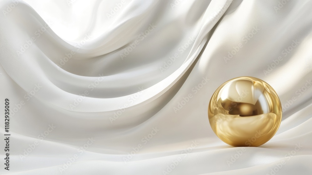 Poster an elegant golden sphere resting on an abstract, flowing white background, evoking a sense of refine