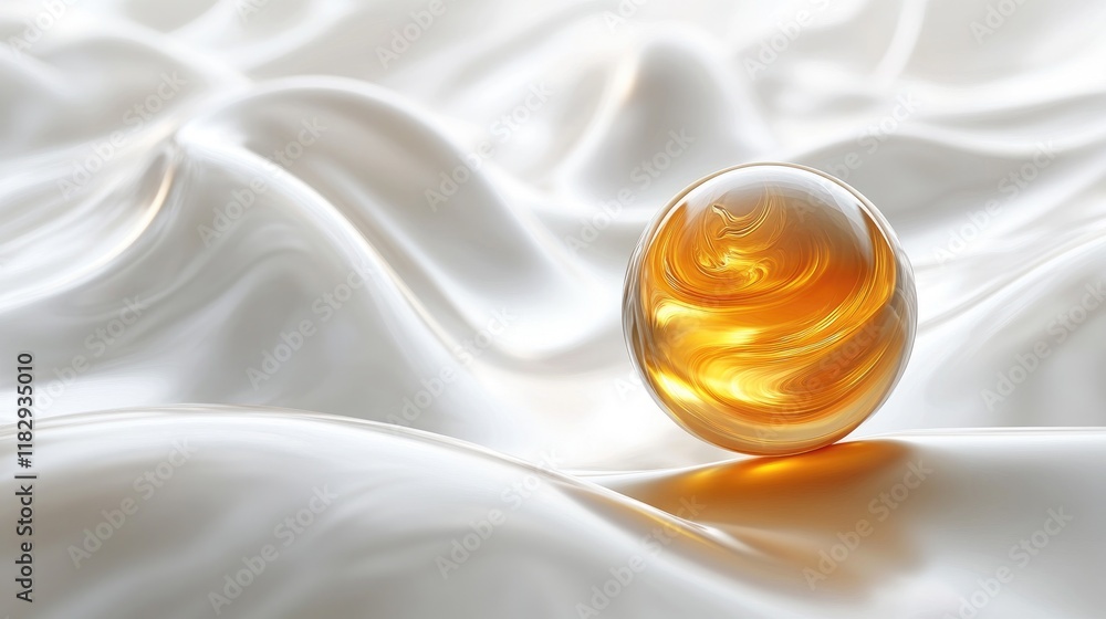 Poster an elegant golden sphere resting on an abstract, flowing white background, evoking a sense of refine
