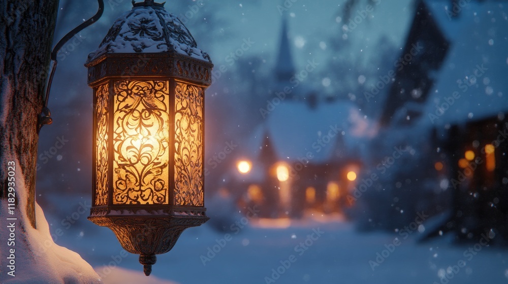 Poster An elegant lantern with intricate designs, casting a soft glow over a snow-covered village, creating a warm and inviting winter scene.