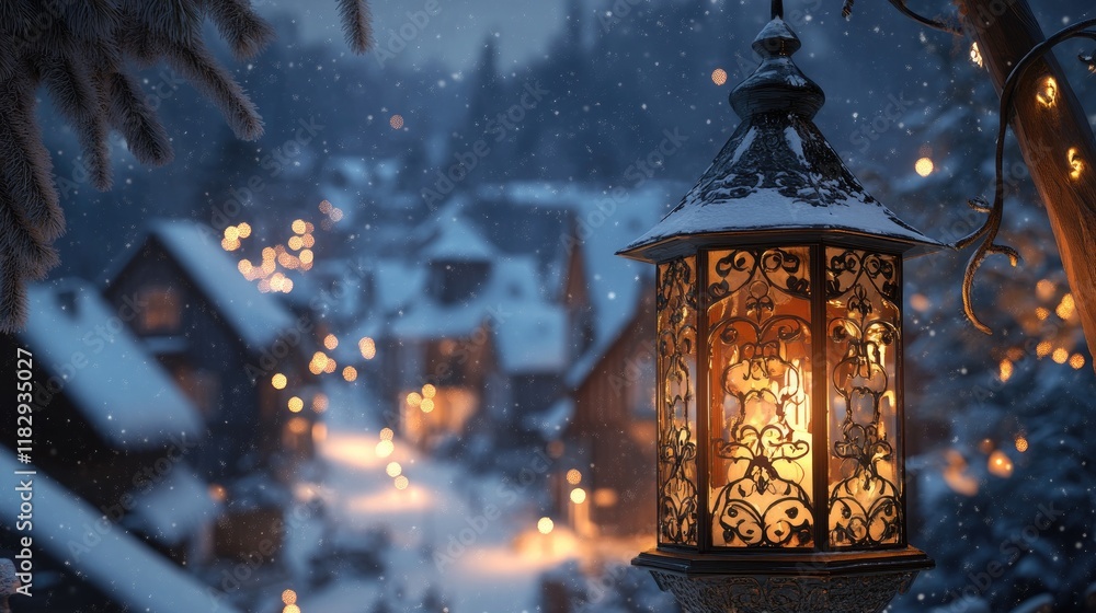 Poster An elegant lantern with intricate designs, casting a soft glow over a snow-covered village, creating a warm and inviting winter scene.