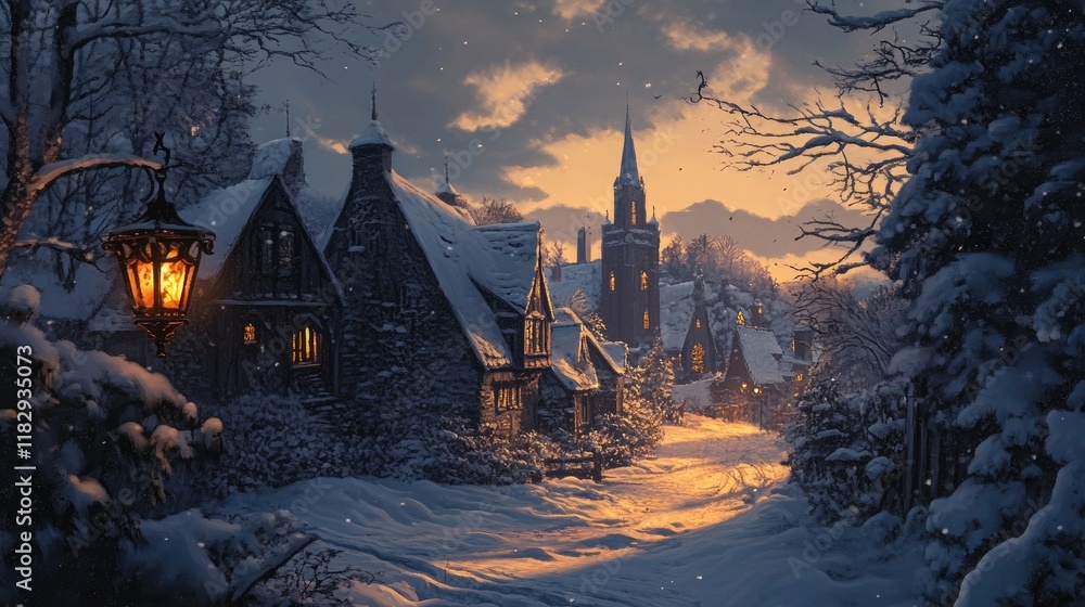 Poster An elegant lantern with intricate designs, casting a soft glow over a snow-covered village, creating a warm and inviting winter scene.