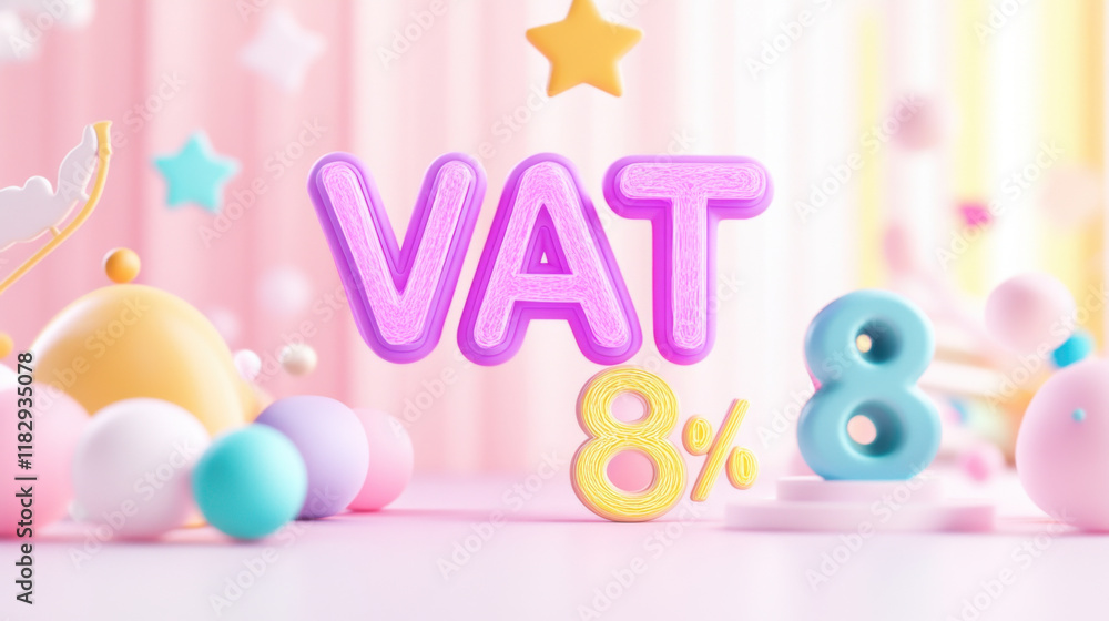 Poster bright and playful 3d design featuring colorful shapes and text vat 8%